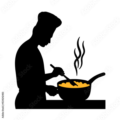 Chef silhouette stirring chickpea pasta on white background, healthy cooking simplicity