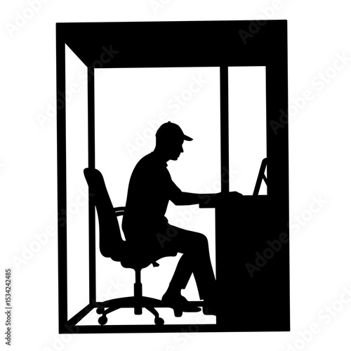 Silhouette of person in quiet booth working on laptop, private workspace focus
