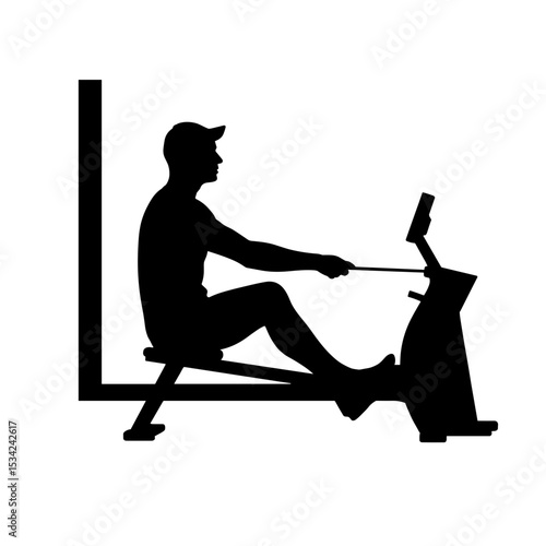 Silhouette of person on rowing machine against white background, fitness exercise