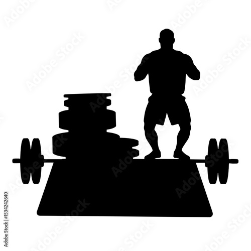 Silhouette of weightlifter with barbell and plates, strength training fitness