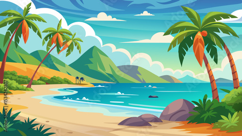 Tropical Beach Landscape with Palm Trees and Ocean View Illustration