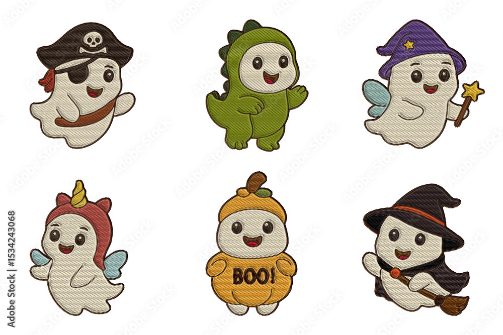 Fototapeta premium A playful kawaii-style set of six Halloween ghosts in colorful costumes: pirate, dinosaur, unicorn, witch, pumpkin, and wizard in embroidery texture. Perfect for kids, crafts, digital planners