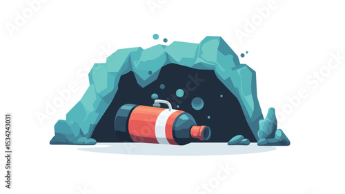 A digital illustration depicting a red and black diving tank lying on the ground inside a dark cave. The cave is rendered with stylized, teal-colored rocks.  The tank is slightly tilted