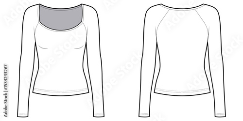 Women's Scoop Neck Long Sleeve Shirt, Raglan Sleeve, Slim Fit- Technical Illustration-Front and Back View- Cad/ Vector Illustration 