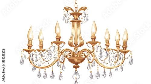 A digital illustration of an ornate gold and crystal chandelier against a white background. The chandelier features a central structure with multiple curving arms, each holding a candle-style light