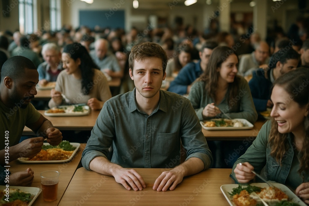 Isolated Individual Surrounded by People Dining Together in Public Space Isolated Individual Surrounded by People Dining Together in Public Space