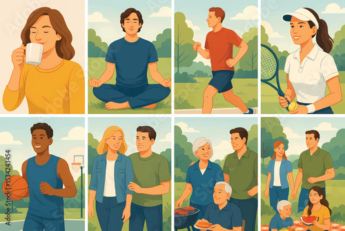 A vibrant illustration depicting diverse individuals engaging in sports, relaxation, and social gatherings outdoors—celebrating community, recreation, and the essence of a healthy lifestyle.