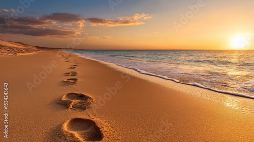 A serene empty beach at sunrise, golden light reflecting on the gentle waves and untouched sand, with footprints leading to the horizon.