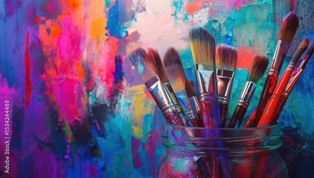 Fototapeta premium Paintbrushes Burst: Vivid paintbrushes saturated with color stand against a backdrop of abstract splashes in a dynamic display of creativity and artistic inspiration.