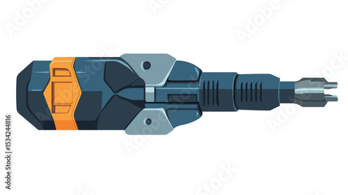 Close-up, digitally rendered image of a futuristic handheld tool. The tool is predominantly dark blue and grey with orange accents.  It features a hexagonal-shaped body, a cylindrical main shaft,
