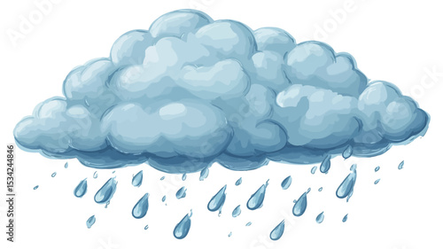 A cartoon illustration of a cumulus cloud with rain falling from it. The cloud is depicted in shades of light blue with a soft, textured appearance, suggesting a watercolor or painted style.  