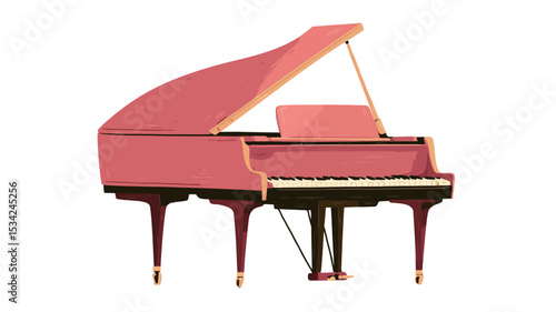 A stylized vector illustration of a pink grand piano. The piano is depicted in a simplified, almost cartoonish manner, with short legs attached to its base.  The lid is partially open. 