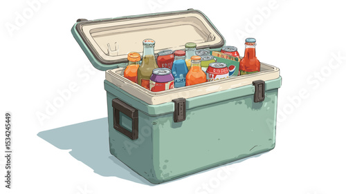A digital illustration depicting a light green rectangular cooler with its lid open, revealing various bottles and cans of beverages and food items. The cooler has plastic handles on its sides.