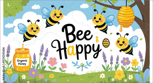 Happy Cartoon Bee Vector Illustration With Honey Jar And Flowers