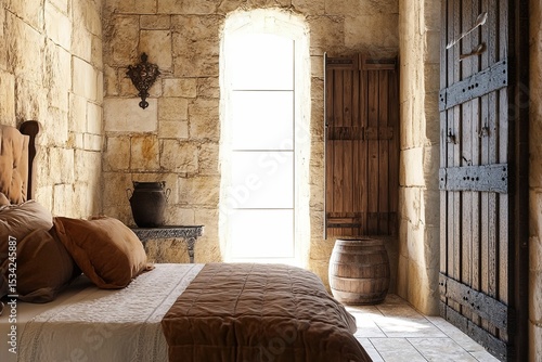 A bedroom with a bed, a window, and a wooden chest