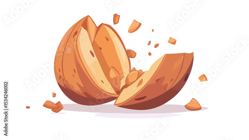 A digital illustration of a round pastry that has been broken into three uneven pieces.  The pieces are separated, revealing a light orange-brown interior. Small crumbs are scattered around the