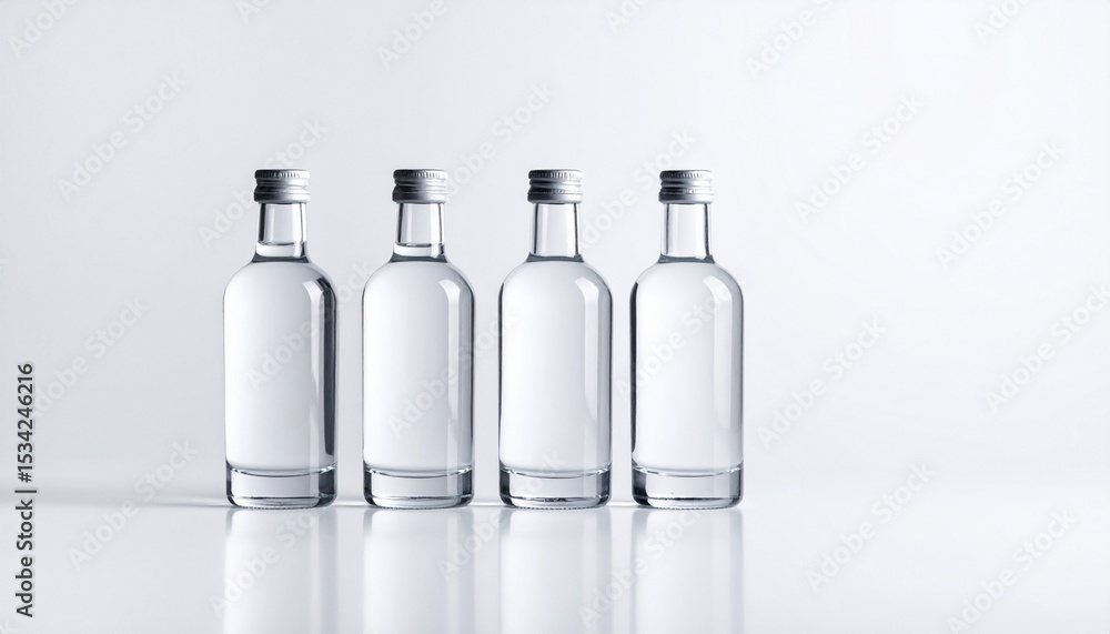 Four transparent mini glass bottles with silver caps stand side by side on a clean, glossy white surface, creating a minimalist and bright composition backdrop. Four transparent mini glass bottles with silver caps stand side by side on a clean, glossy white surface, creating a minimalist and bright composition backdrop.