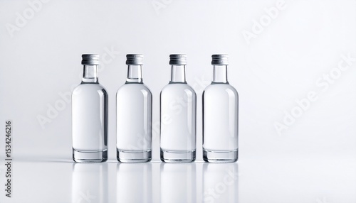 Four transparent mini glass bottles with silver caps stand side by side on a clean, glossy white surface, creating a minimalist and bright composition backdrop.
