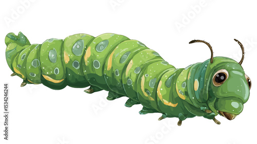 A digital illustration of a green caterpillar viewed from a slightly elevated angle against a plain white background.  The caterpillar is depicted in a cartoonish style with exaggerated features,