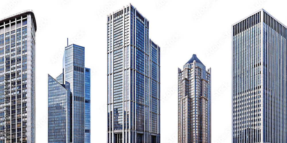 Fototapeta premium Modern city skyscrapers isolated on a white background png ai generated