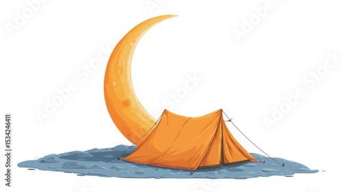 The illustration depicts a cartoonish orange camping tent situated beneath a large, stylized crescent moon.  The moon is yellow-orange, with small, light dots suggesting stars. The tent is simple