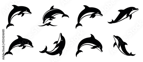 Dolphin fish black soild silhouette bundle isolated on white background, clip art logo icon set.