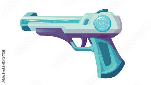 A digital illustration of a futuristic handgun. The weapon is primarily white and teal with purple accents. It has a smooth, streamlined design with a circular element on the rear slide that