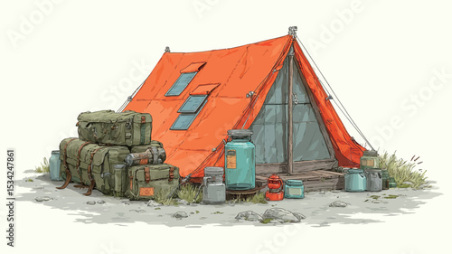 Digital illustration of an orange A-frame camping tent. The tent is depicted with two small, rectangular windows near the peak.  A pile of various green and brown duffel bags or backpacks sits to