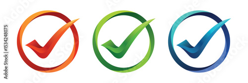 Set of three modern check mark logos in gradient orange, green and blue on white background