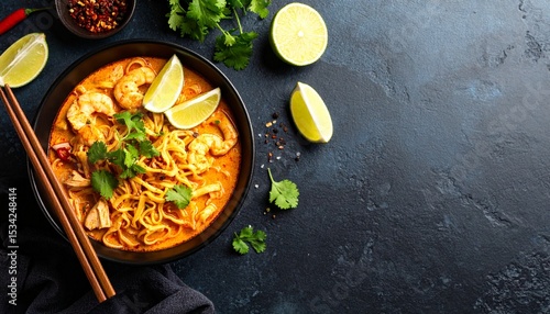 Overhead shot presents a bowl of flavorful Khao Soi soup with shrimp, noodles, lime wedges, and fresh cilantro on a dark textured background.