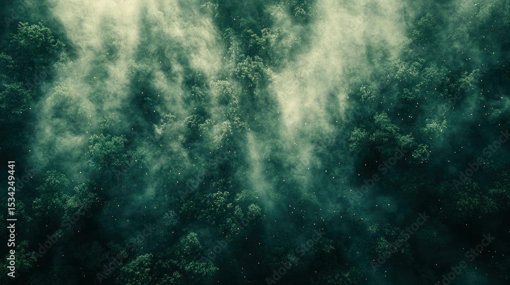 Fototapeta premium Forest canopy shrouded in mist, ethereal view