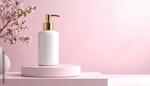 A clean white pump bottle with gold accents is displayed on a pink pedestal with soft lighting and floral decorations against a pastel pink background for product mockup.