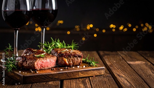 Two glasses of red wine accompany perfectly grilled steak cuts presented on a wooden board with rosemary sprigs, against a blurred festive background at night.