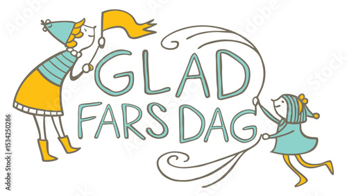 Charming illustration depicting swedish "glad fars dag" celebration with whimsical characters and text on a transparent background