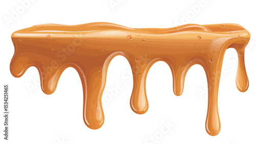 Close-up image of a digitally rendered or photographed puddle of caramel sauce dripping down against a white background.  The caramel is a rich, golden-brown color with variations in tone