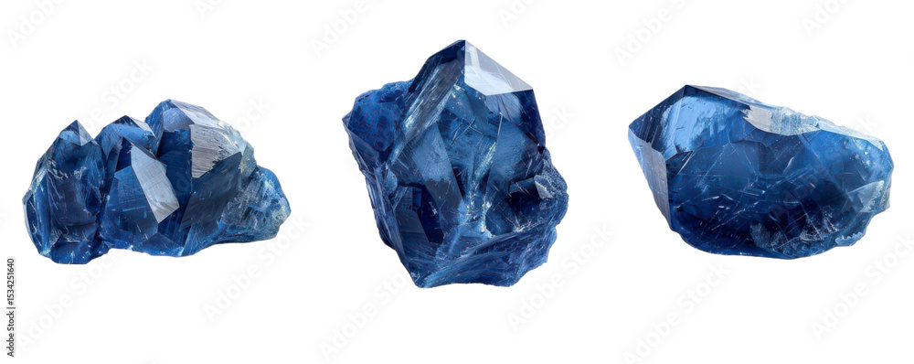Fototapeta premium Three blue gemstone crystals, isolated on black background.