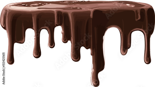 A digital illustration depicting a pool of melted dark brown chocolate, with numerous thick drips cascading downwards.  The chocolate has a glossy, smooth texture with subtle highlights suggesting