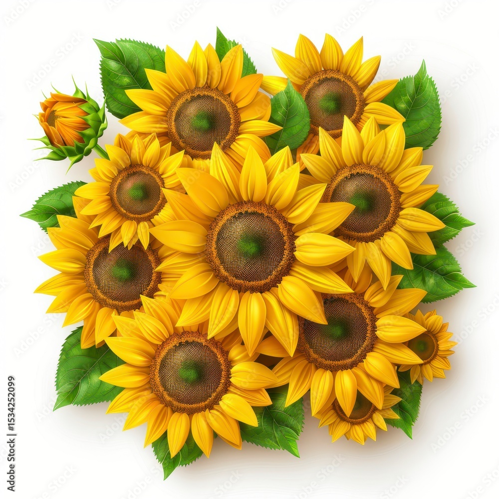 Fototapeta premium Vibrant and Cheerful Sunflower Arrangement with Fresh Green Leaves and a Bud in a Bright Floral Display