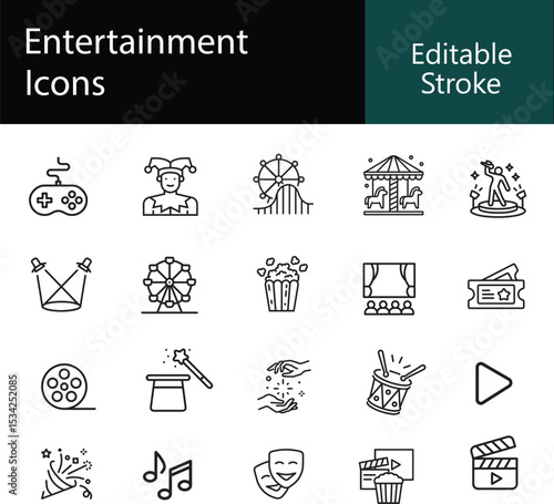 Entertainment icons isolated on white background, editable stroke