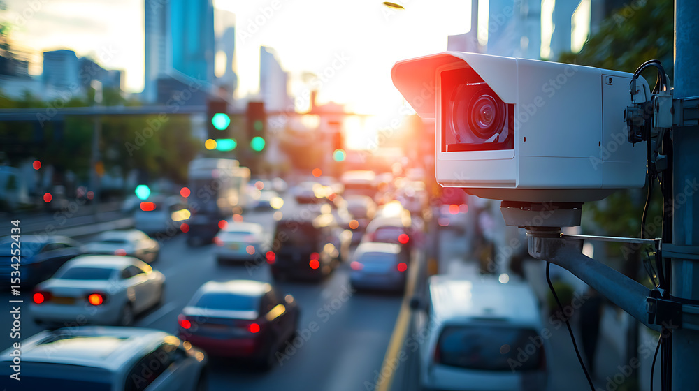 Surveillance Camera Overlooking Busy Urban Street at Sunset Surveillance Camera Overlooking Busy Urban Street at Sunset