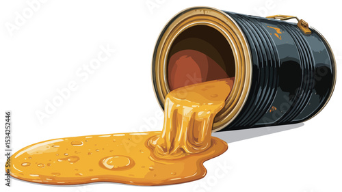 The image shows a digitally rendered illustration of a partially tipped-over metal tin can overflowing with a thick, yellow liquid, resembling paint. The liquid is spilling onto a white background,