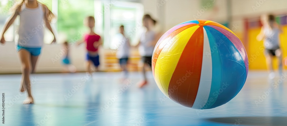 Fototapeta premium Children running in a gym with a colorful beach ball