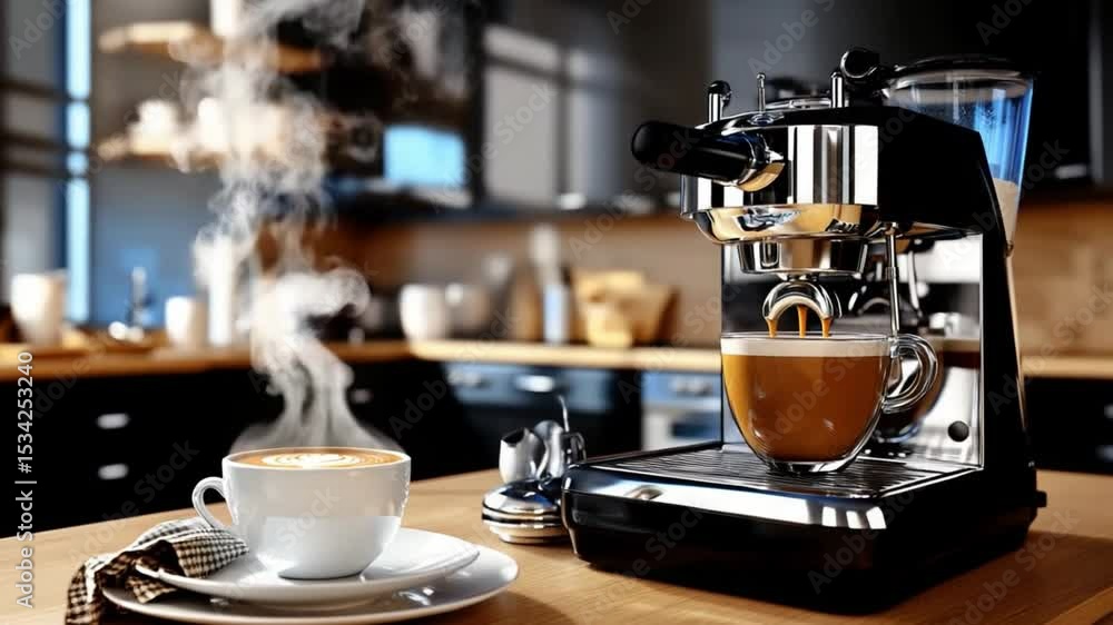 An espresso machine in kitchen environment with hot coffee