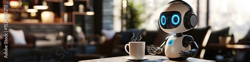 Cute robot enjoying a coffee in a cozy cafe