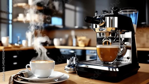 An espresso machine in kitchen environment with hot coffee