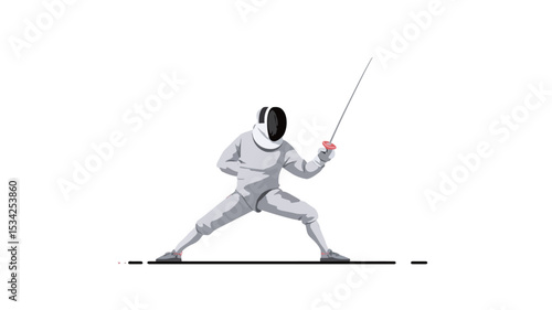 A minimalist vector illustration depicting a fencing athlete in a defensive stance. The athlete is wearing a white fencing suit and mask, holding a foil. The style is simple and graphic