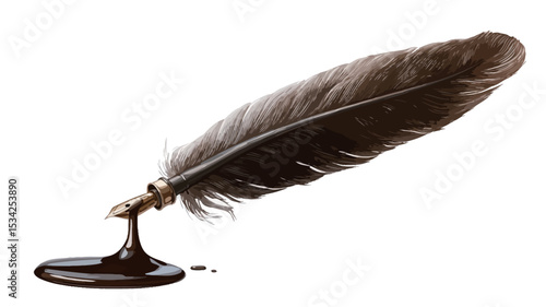 Close-up image of a brown quill pen with a metallic nib dipped in a dark brown inkwell. The ink is dripping from the nib onto a white background. The focus is sharp, with high contrast between the