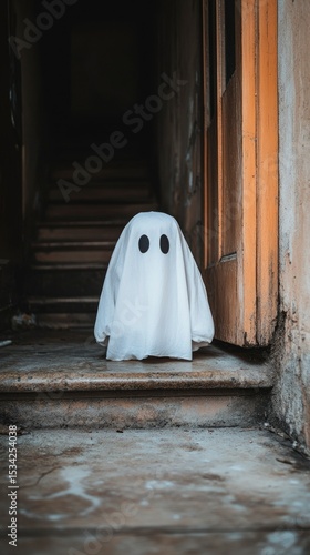 Spooky Ghost Figure on Old Staircase at Halloween