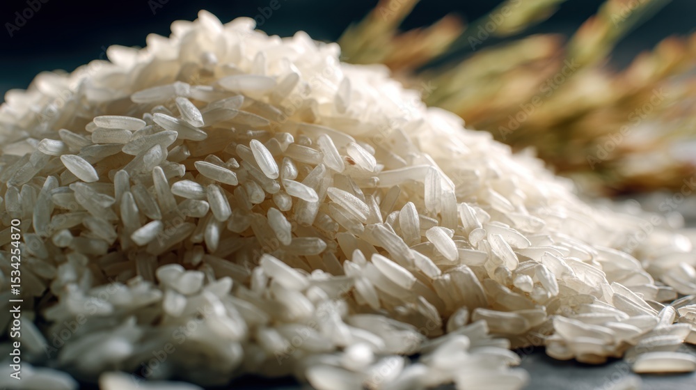 Close-up of uncooked white rice grains on a dark surface with rice stalks in the background showcasing natural grains in detail Close-up of uncooked white rice grains on a dark surface with rice stalks in the background showcasing natural grains in detail