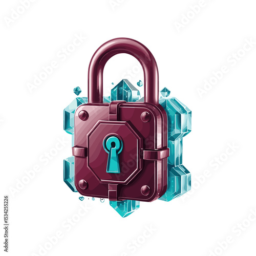Stylized padlock design surrounded by crystalline structures in vibrant colors and three-dimensional style